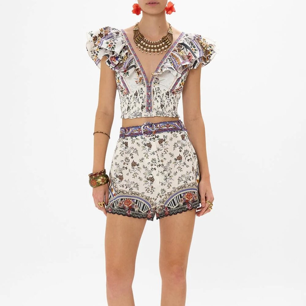 Deep V Frill Short Sleeve Top Cropped Shirt in "My Folk Art Heart" print - Picture 8 of 16